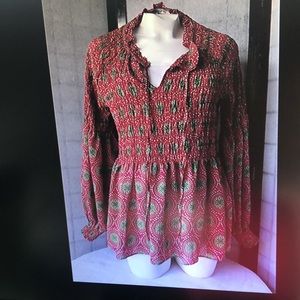 Women's XL Rose + Olive pretty peplum red and green blouse cottage core